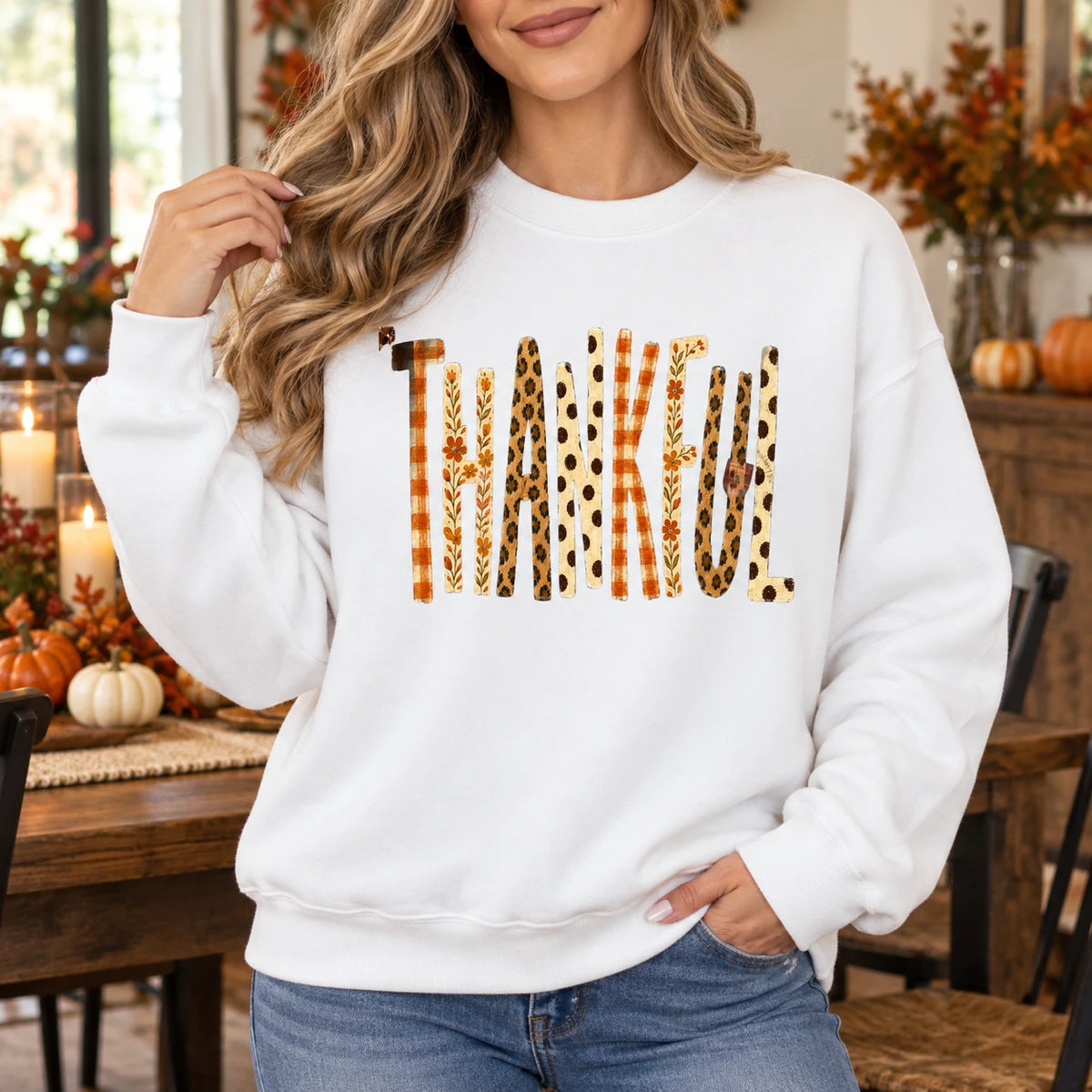 Thankful Fall Crewneck Sweatshirt Retro Leopard Plaid Thanksgiving Graphic Pullover Autumn Gift for Women