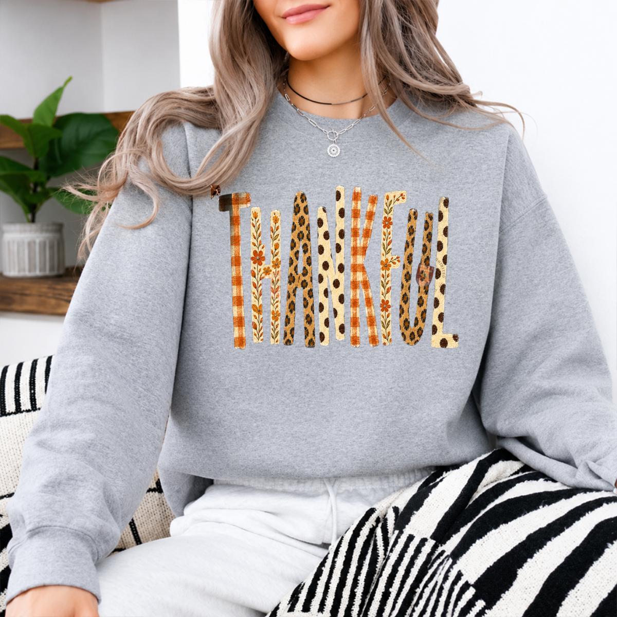 Thankful Fall Sweatshirt, Retro Thanksgiving Graphic, Leopard Plaid Autumn, Thanksgiving Gift for Women