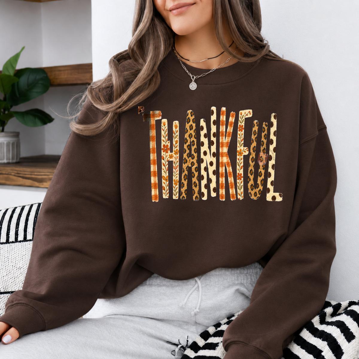 Thankful Fall Sweatshirt, Retro Thanksgiving Graphic, Leopard Plaid Autumn, Thanksgiving Gift for Women