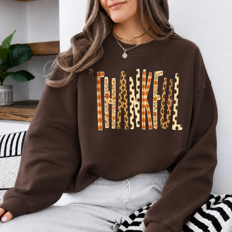 Thankful Fall Sweatshirt, Retro Thanksgiving Graphic, Leopard Plaid Autumn, Thanksgiving Gift for Women