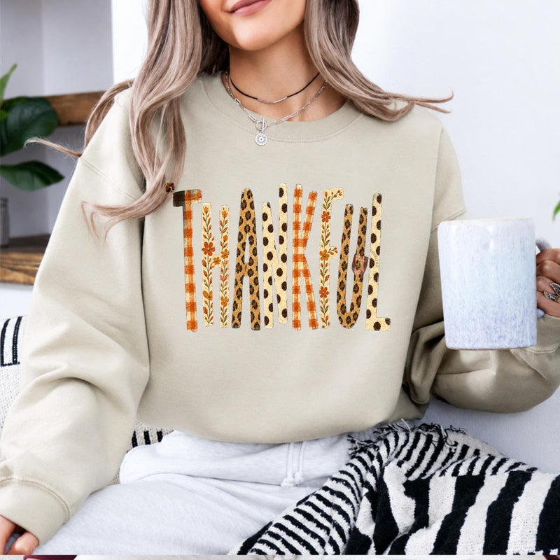 Thankful Fall Sweatshirt, Retro Thanksgiving Graphic, Leopard Plaid Autumn, Thanksgiving Gift for Women