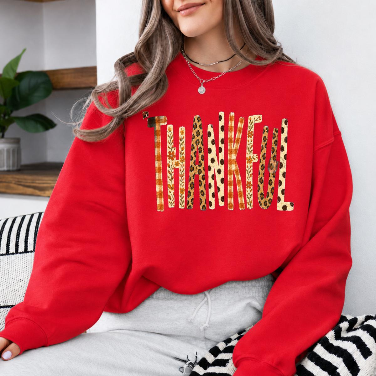 Thankful Fall Sweatshirt, Retro Thanksgiving Graphic, Leopard Plaid Autumn, Thanksgiving Gift for Women
