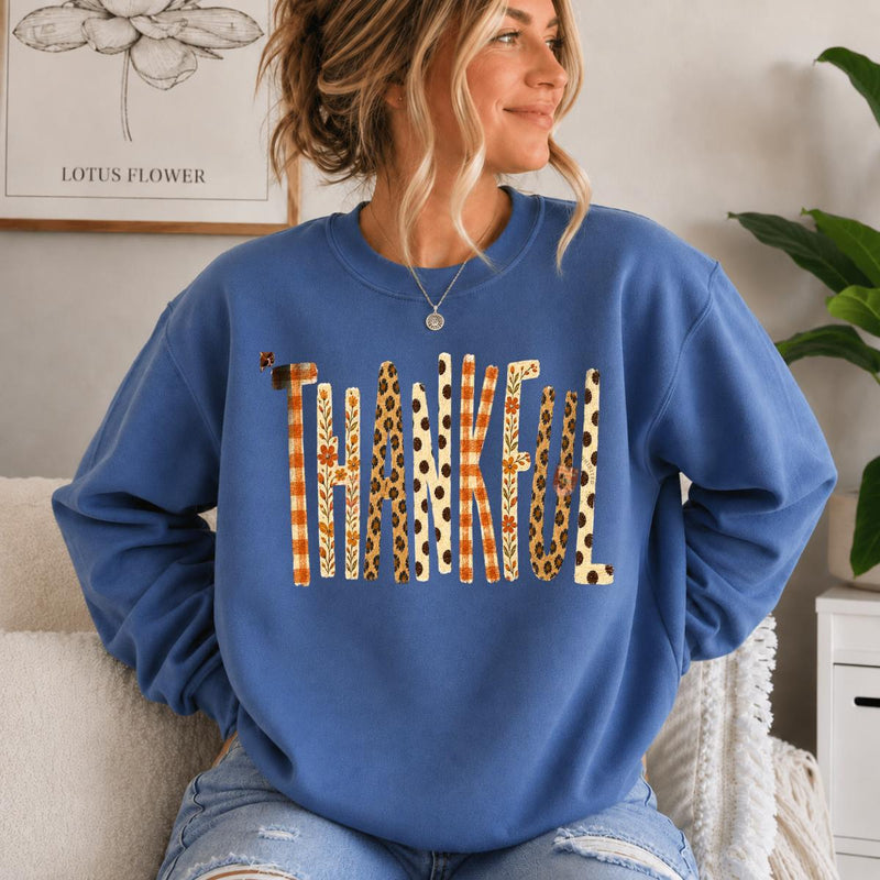 Thankful Fall Sweatshirt, Retro Thanksgiving Graphic, Leopard Plaid Autumn, Thanksgiving Gift for Women
