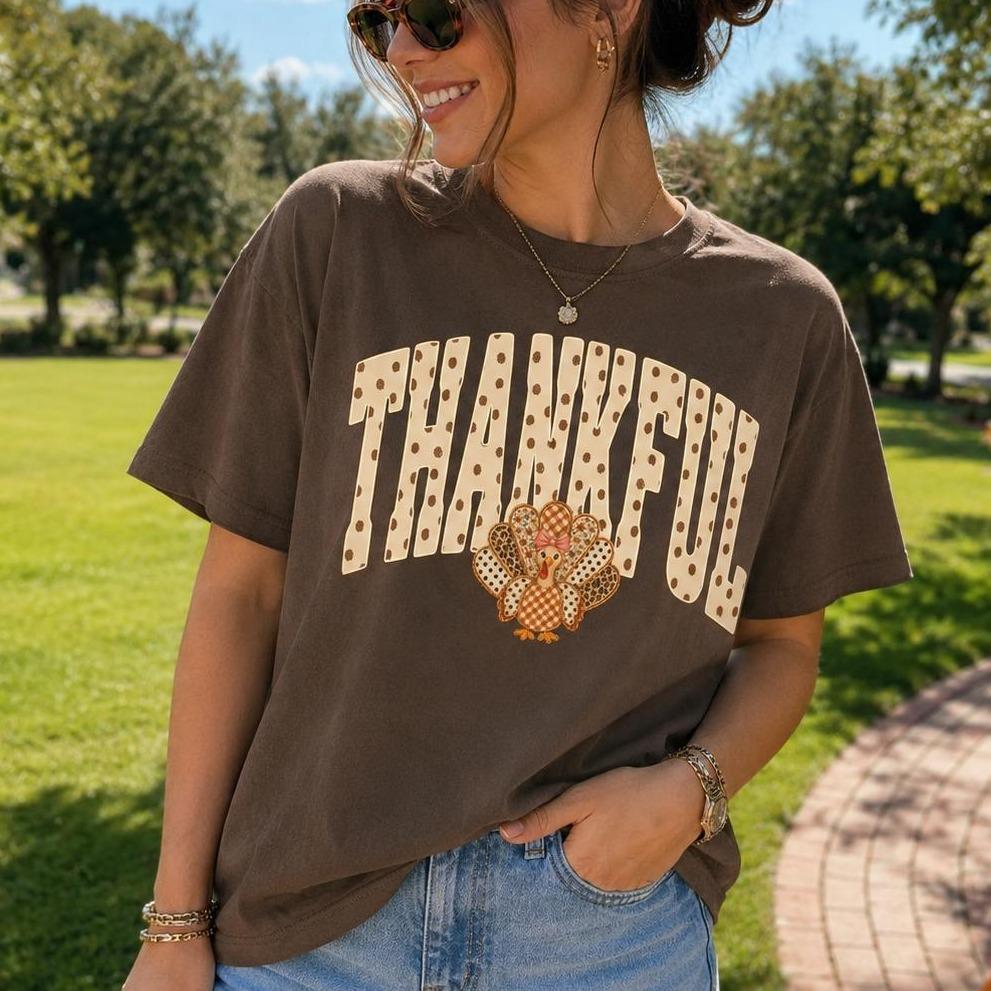 Thankful Turkey Sweatshirt THANKFUL Turkey Thanksgiving Fall Women Cute Patchwork Graphic