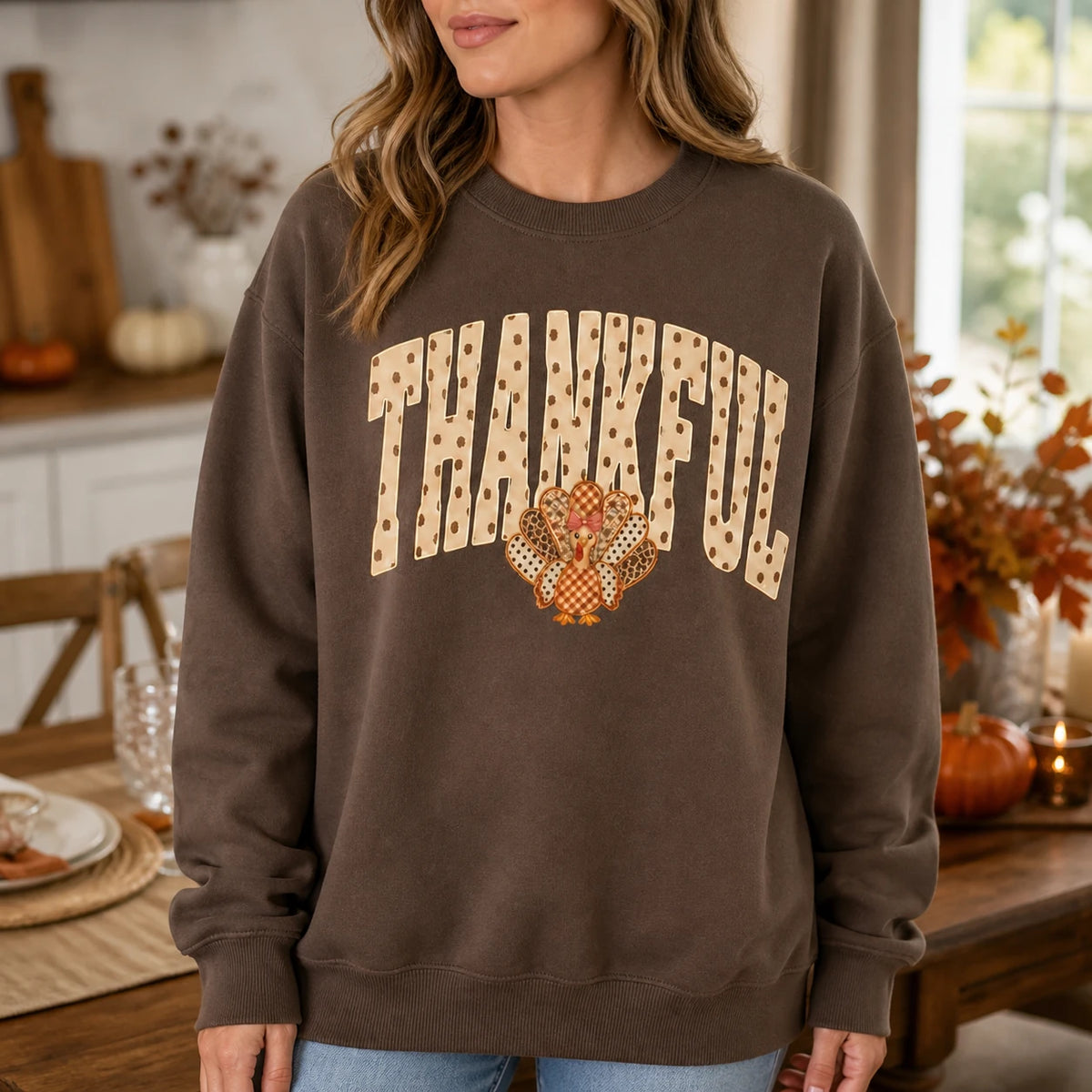Thankful Turkey Sweatshirt, Thanksgiving Shirt for Women, Cute Fall Turkey Graphic, Autumn Crewneck