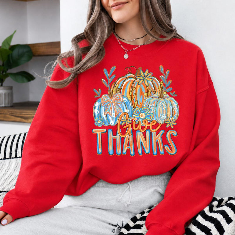 Thanksgiving Gift for Mom Give Thanks Pumpkins Sweatshirt Fall Harvest Women Vintage Floral Design