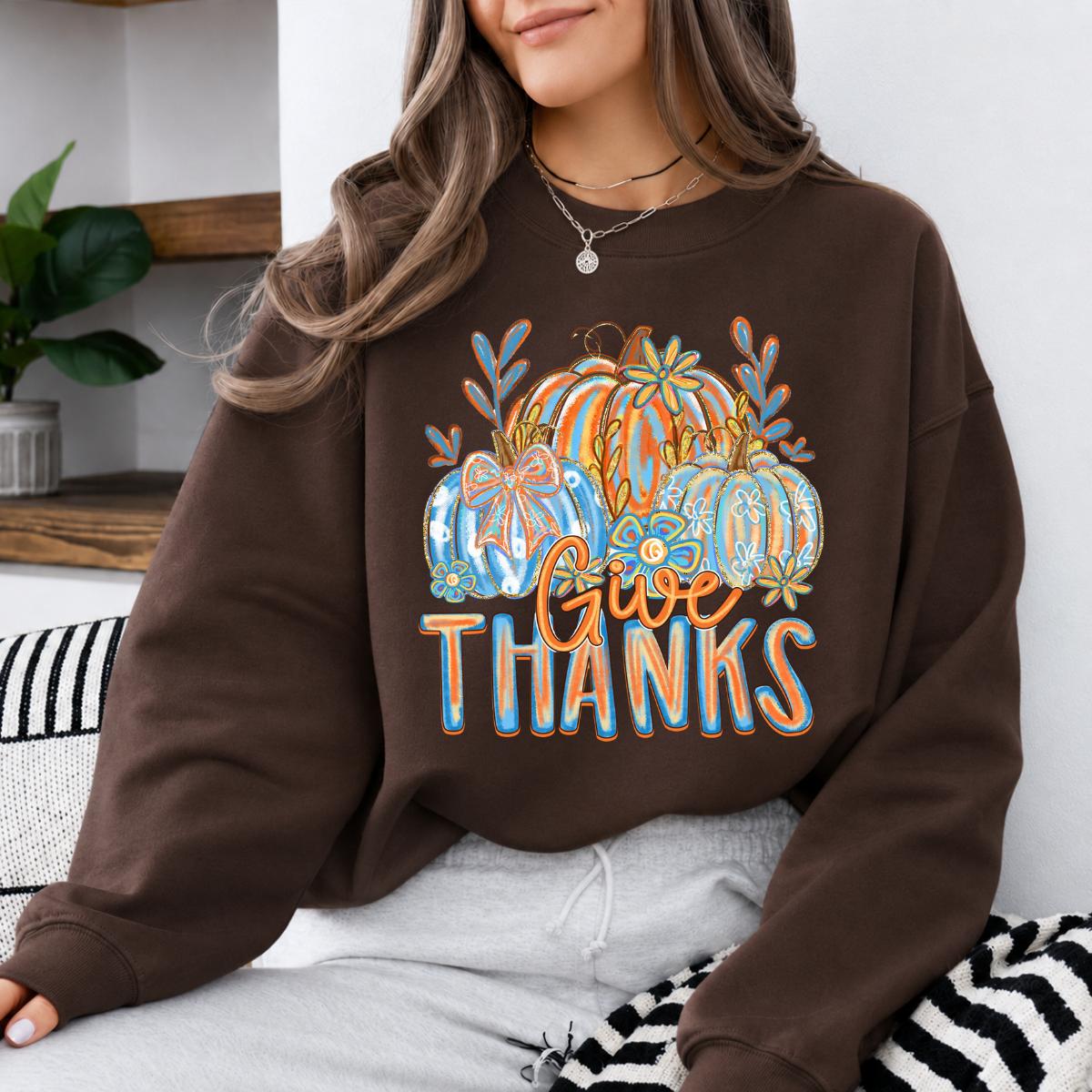 Thanksgiving Gift for Mom Give Thanks Pumpkins Sweatshirt Fall Harvest Women Vintage Floral Design
