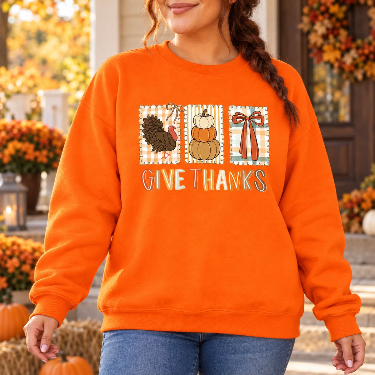 Thanksgiving Gift for Women, Give Thanks Turkey Pumpkin Bow Vintage Harvest Sweatshirt