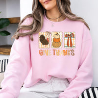 Thanksgiving Gift for Women, Give Thanks Turkey Pumpkin Bow Sweatshirt, Harvest Holiday Women Vintage Plaid Design