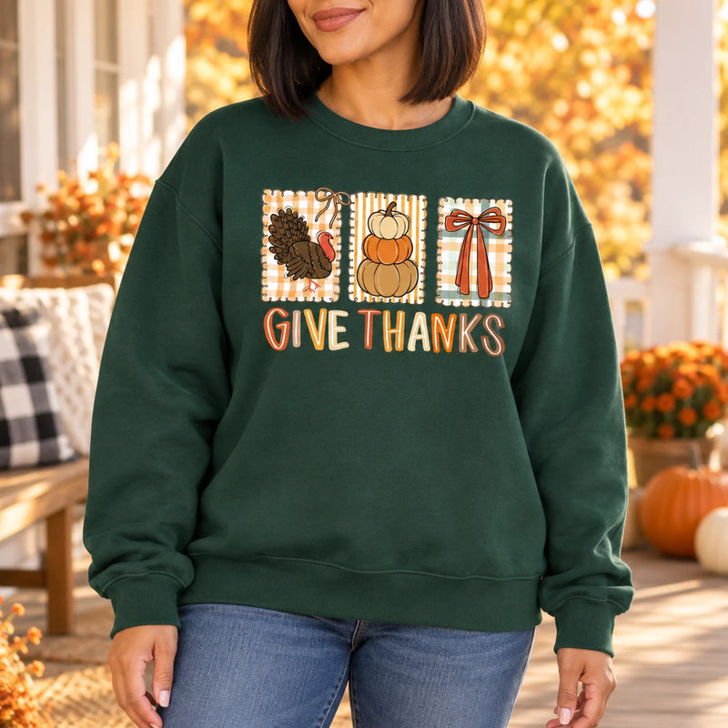 Thanksgiving Gift for Women, Give Thanks Turkey Pumpkin Bow Vintage Harvest Sweatshirt