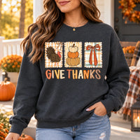 Thanksgiving Gift for Women, Give Thanks Turkey Pumpkin Bow Vintage Harvest Sweatshirt