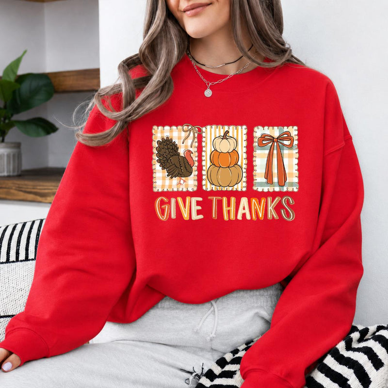 Thanksgiving Gift for Women, Give Thanks Turkey Pumpkin Bow Sweatshirt, Harvest Holiday Women Vintage Plaid Design