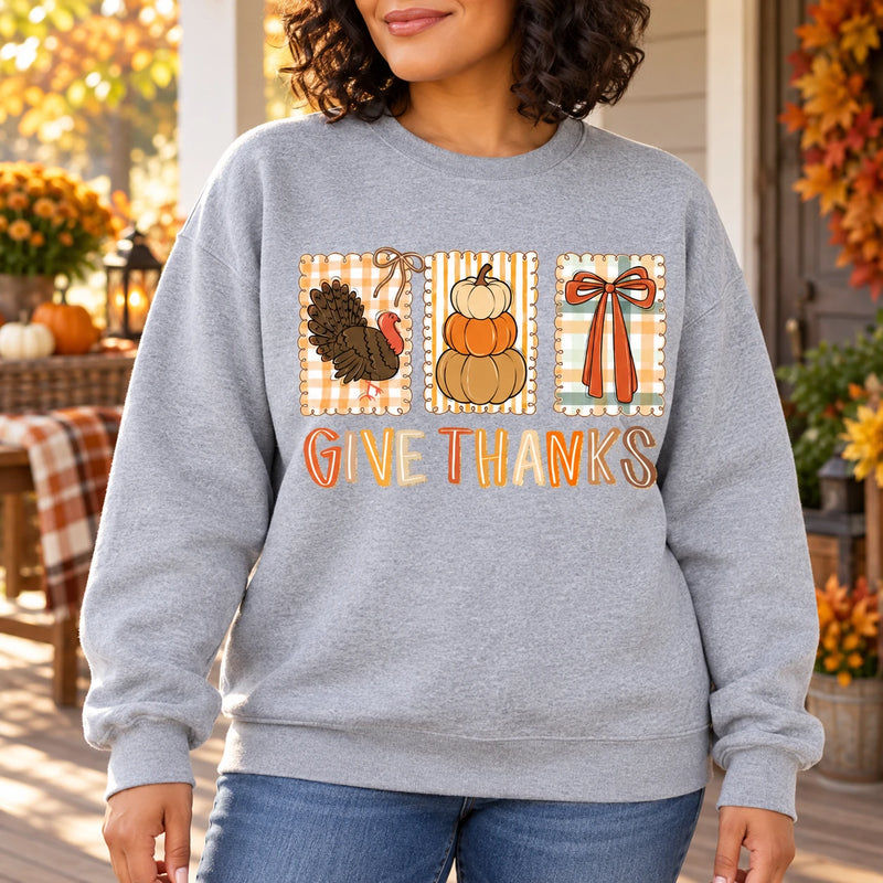 Thanksgiving Gift for Women, Give Thanks Turkey Pumpkin Bow Vintage Harvest Sweatshirt