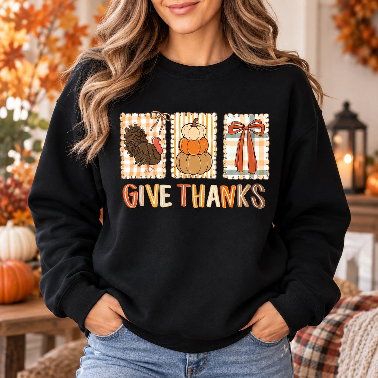 Thanksgiving Gift for Women, Give Thanks Turkey Pumpkin Bow Vintage Harvest Sweatshirt