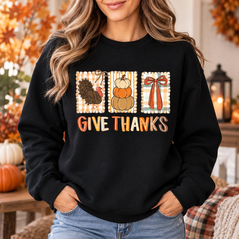 Thanksgiving Gift for Women, Give Thanks Turkey Pumpkin Bow Vintage Harvest Sweatshirt