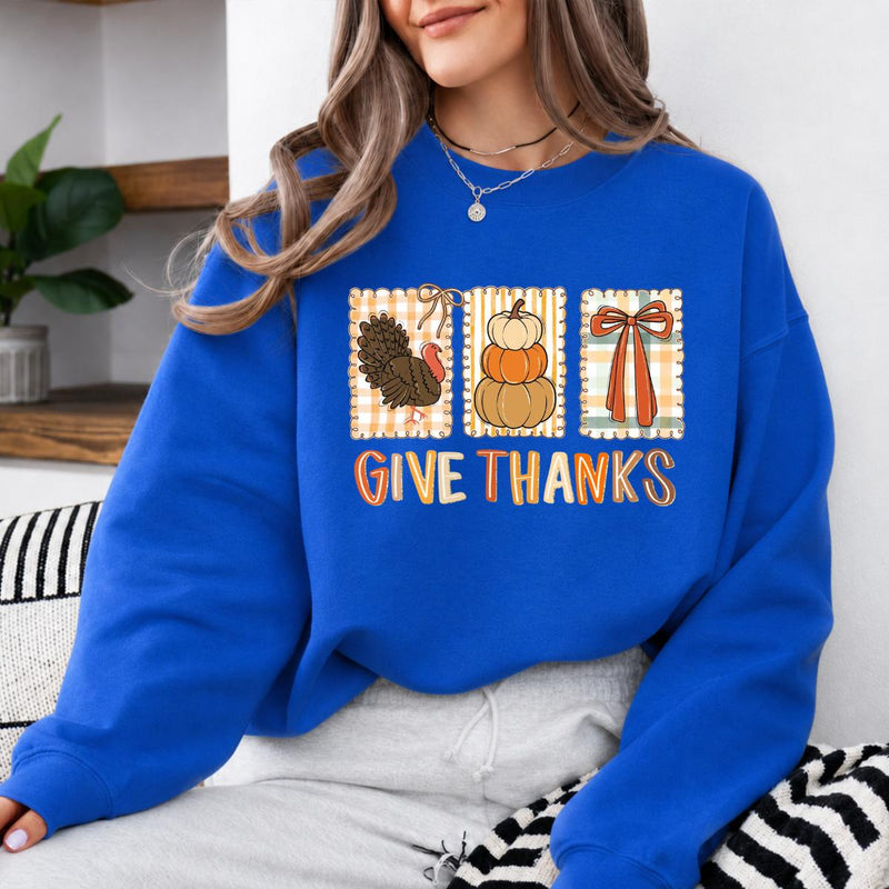 Thanksgiving Gift for Women, Give Thanks Turkey Pumpkin Bow Sweatshirt, Harvest Holiday Women Vintage Plaid Design