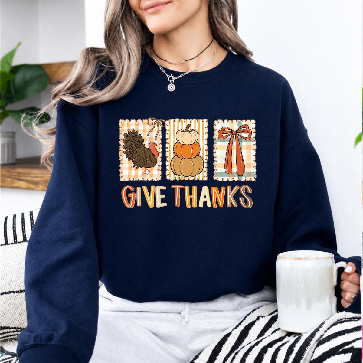 Thanksgiving Gift for Women, Give Thanks Turkey Pumpkin Bow Sweatshirt, Harvest Holiday Women Vintage Plaid Design