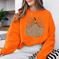 Thanksgiving Pumpkin Sweatshirt, Gingham Pumpkin Bow, Fall Harvest, Women, Cute Coquette Design