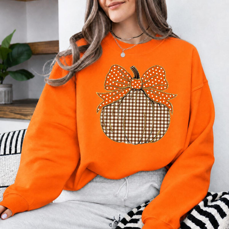 Thanksgiving Pumpkin Sweatshirt, Gingham Pumpkin Bow, Fall Harvest, Women, Cute Coquette Design