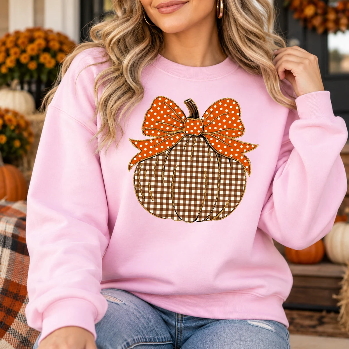 Thanksgiving Pumpkin Sweatshirt, Gingham Pumpkin with Orange Bow, Cute Fall Harvest Design for Women