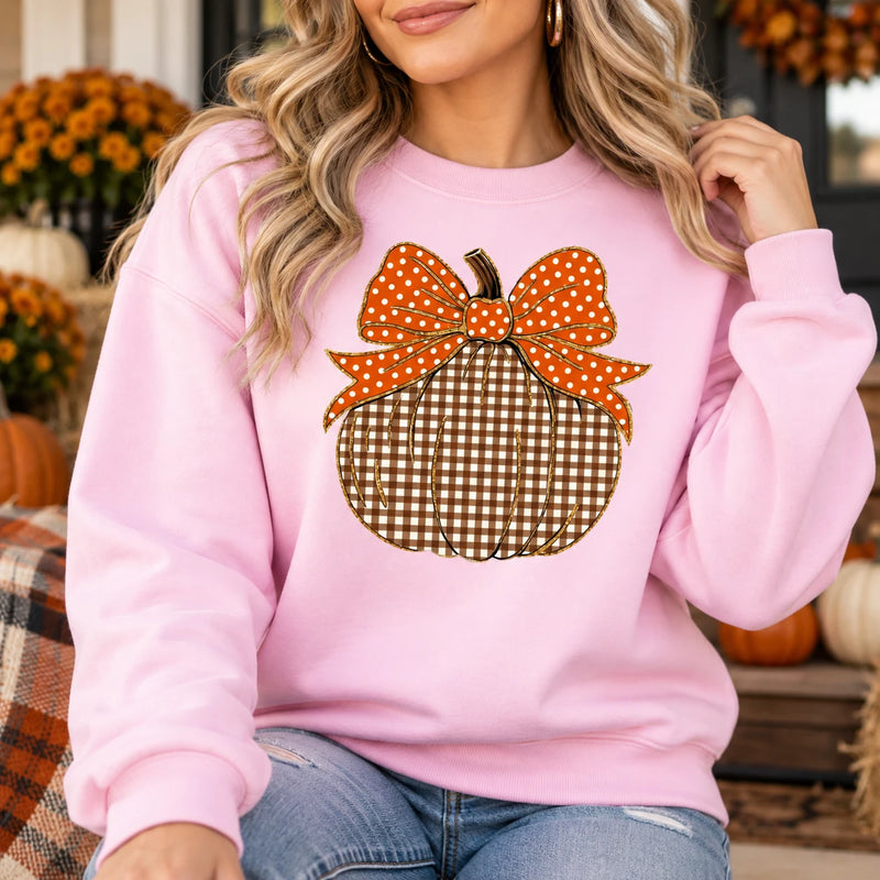 Thanksgiving Pumpkin Sweatshirt, Gingham Pumpkin with Orange Bow, Cute Fall Harvest Design for Women