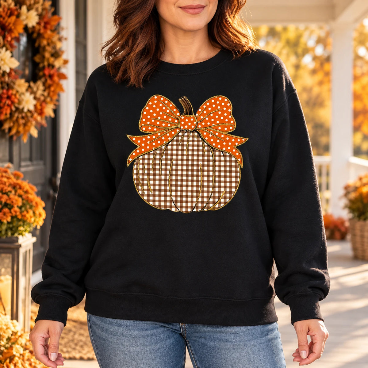 Thanksgiving Pumpkin Sweatshirt, Gingham Pumpkin with Orange Bow, Cute Fall Harvest Design for Women