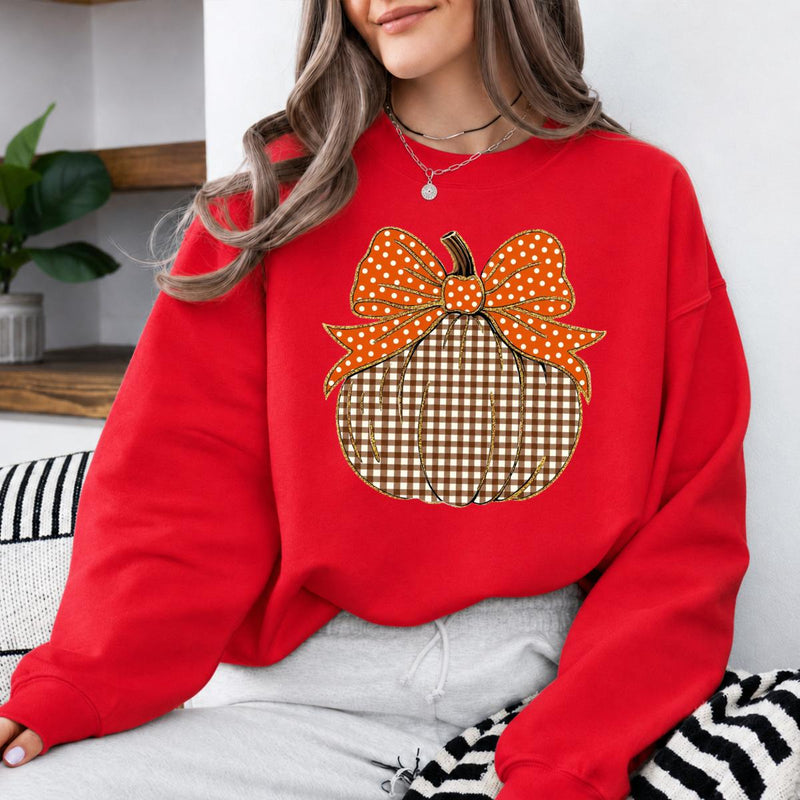Thanksgiving Pumpkin Sweatshirt, Gingham Pumpkin Bow, Fall Harvest, Women, Cute Coquette Design