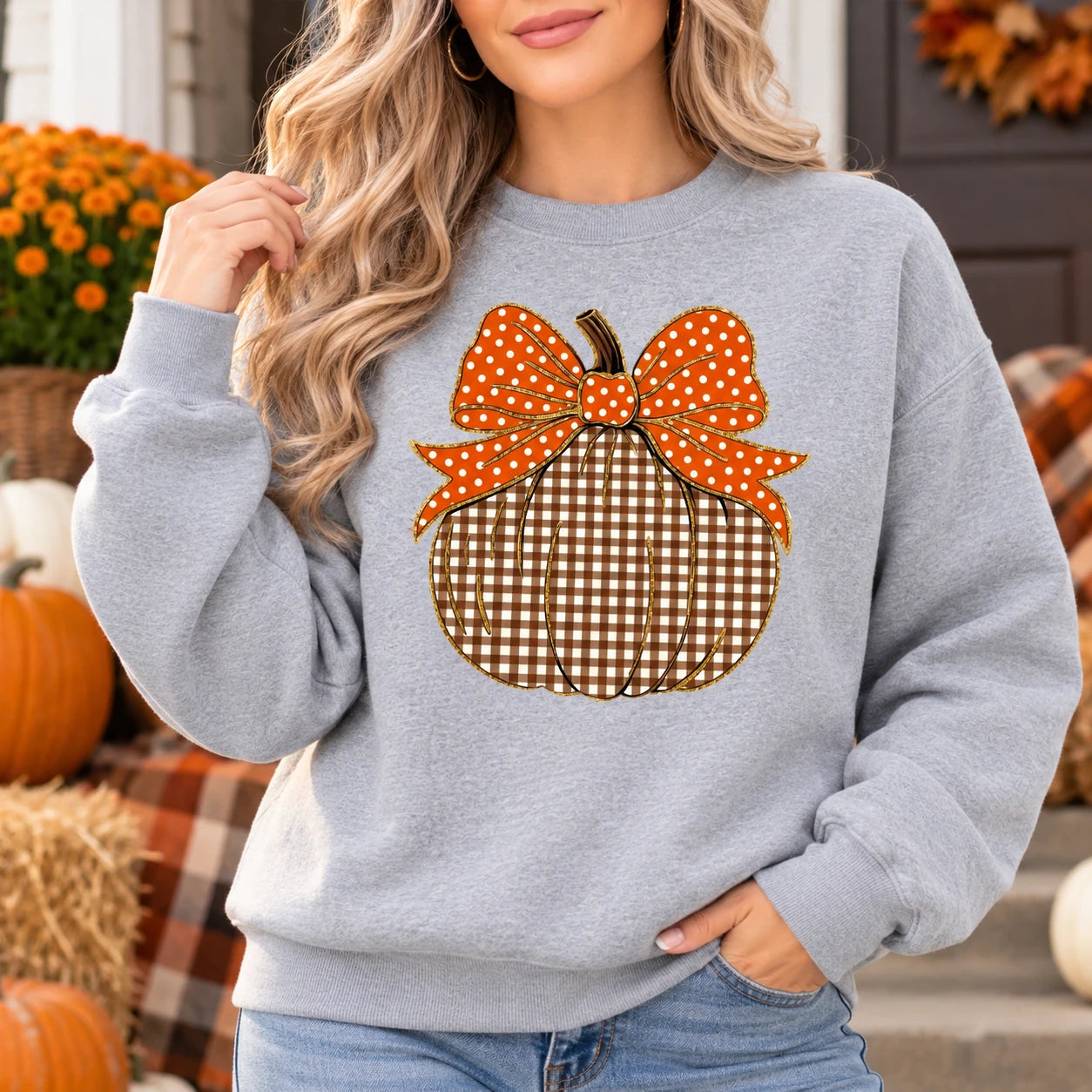 Thanksgiving Pumpkin Sweatshirt, Gingham Pumpkin with Orange Bow, Cute Fall Harvest Design for Women