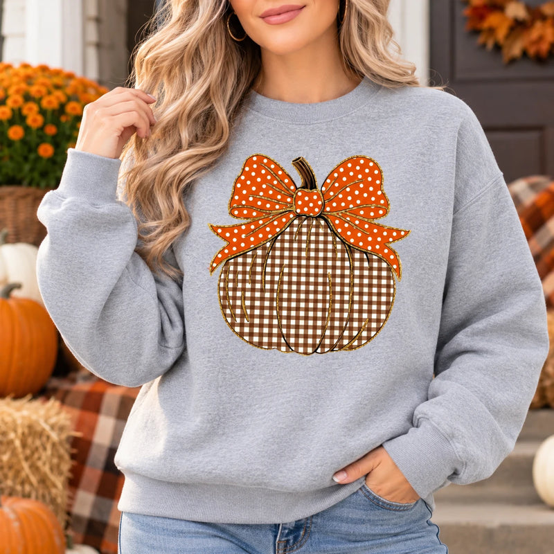 Thanksgiving Pumpkin Sweatshirt, Gingham Pumpkin with Orange Bow, Cute Fall Harvest Design for Women