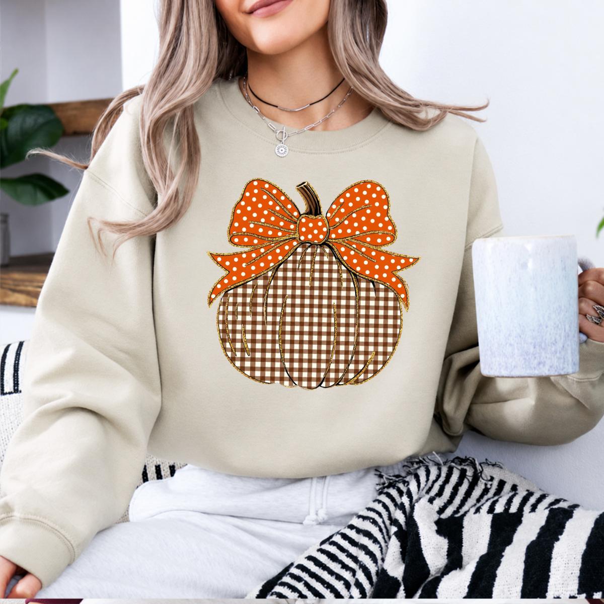 Thanksgiving Pumpkin Sweatshirt, Gingham Pumpkin Bow, Fall Harvest, Women, Cute Coquette Design
