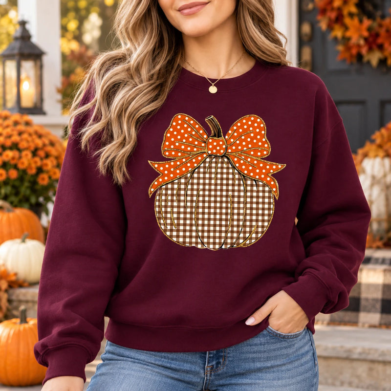 Thanksgiving Pumpkin Sweatshirt, Gingham Pumpkin with Orange Bow, Cute Fall Harvest Design for Women