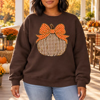 Thanksgiving Pumpkin Sweatshirt, Gingham Pumpkin with Orange Bow, Cute Fall Harvest Design for Women