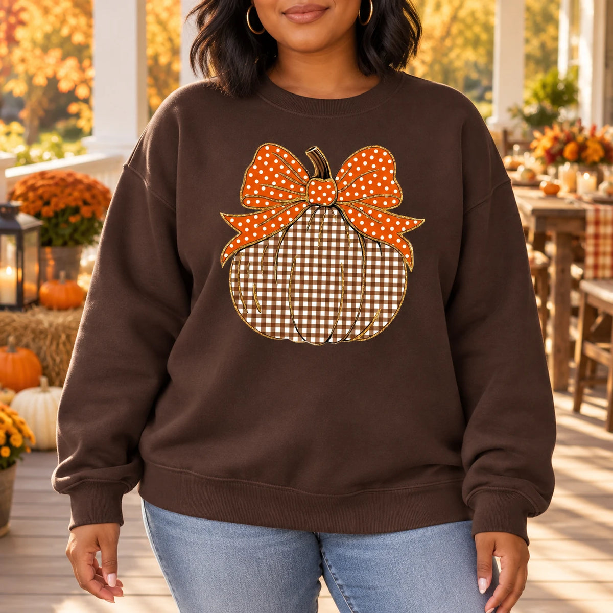 Thanksgiving Pumpkin Sweatshirt, Gingham Pumpkin with Orange Bow, Cute Fall Harvest Design for Women