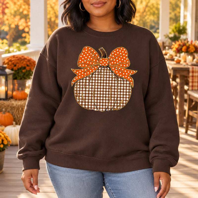 Thanksgiving Pumpkin Sweatshirt, Gingham Pumpkin with Orange Bow, Cute Fall Harvest Design for Women