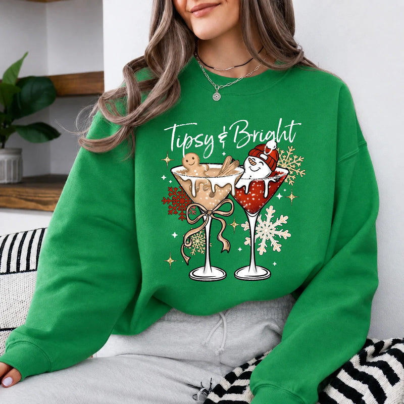 Tipsy And Bright Sweatshirt, Christmas Cocktail Women Cute Holiday Martini Design