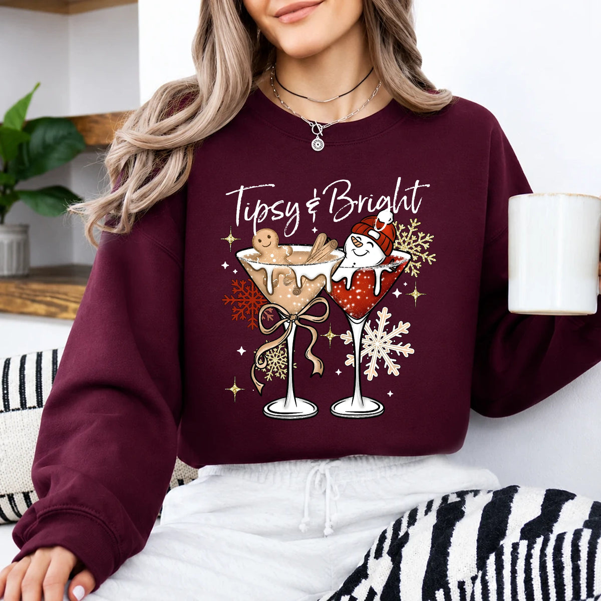 Tipsy And Bright Sweatshirt, Christmas Cocktail Women Cute Holiday Martini Design