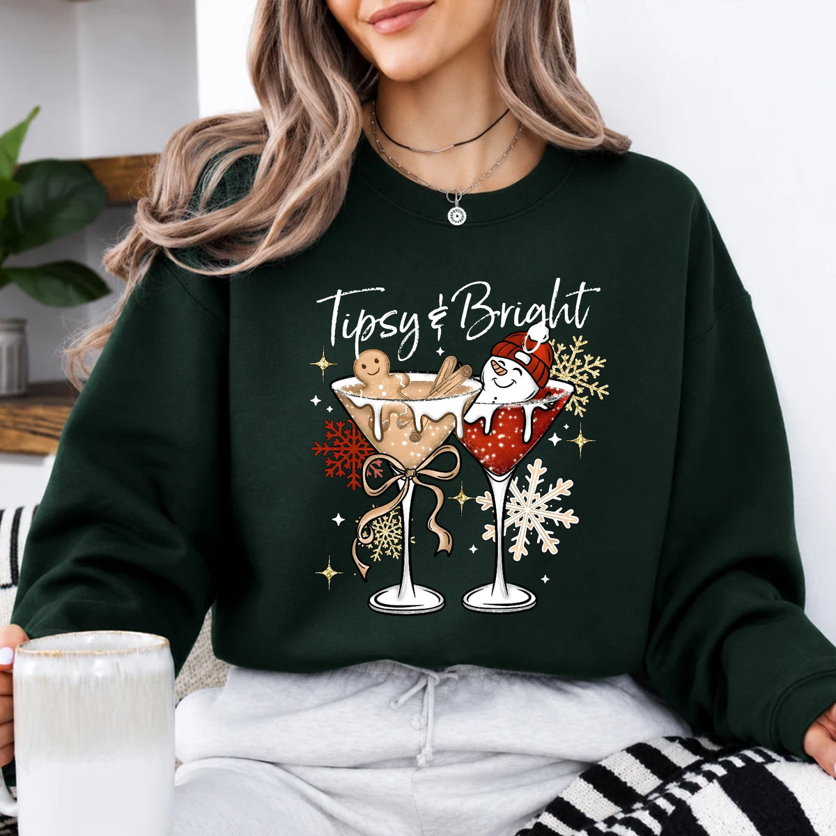 Tipsy And Bright Sweatshirt, Christmas Cocktail Women Cute Holiday Martini Design