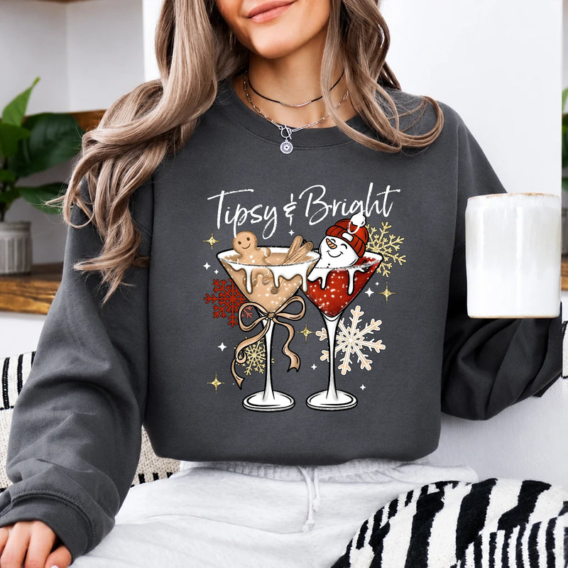 Tipsy And Bright Sweatshirt, Christmas Cocktail Women Cute Holiday Martini Design