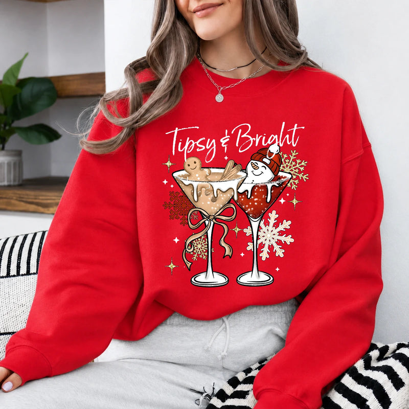 Tipsy And Bright Sweatshirt, Christmas Cocktail Women Cute Holiday Martini Design