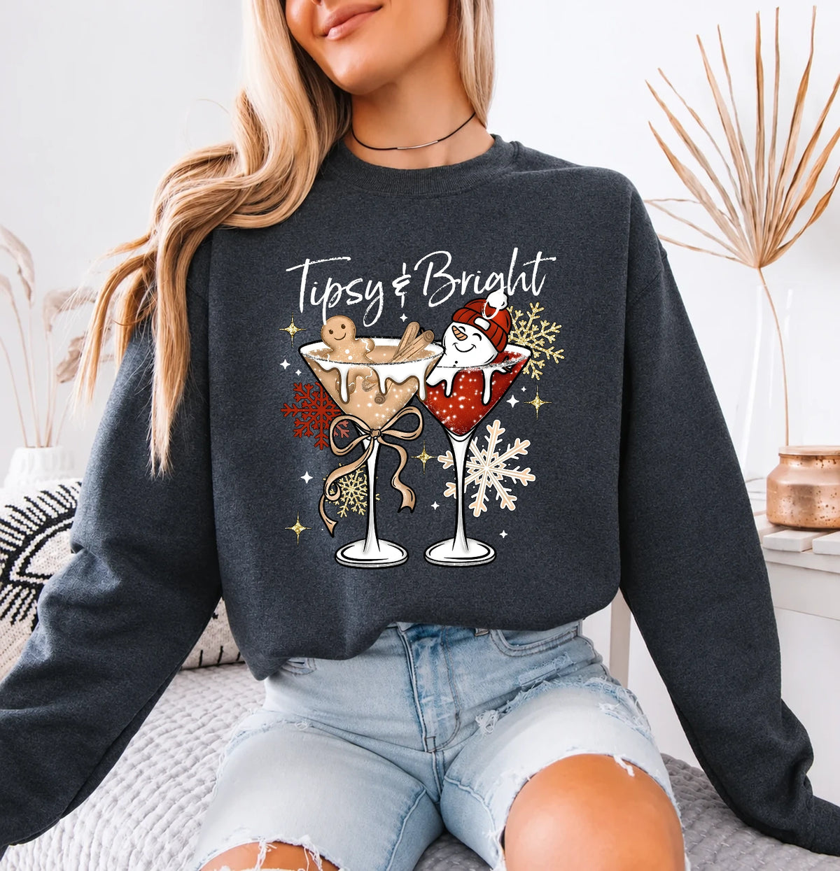 Tipsy And Bright Sweatshirt, Christmas Cocktail Women Cute Holiday Martini Design