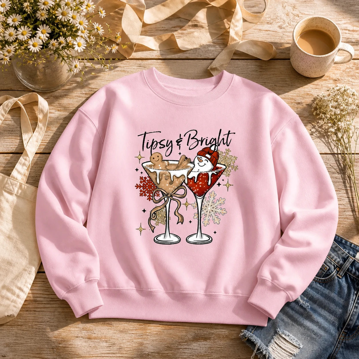 Tipsy And Bright Sweatshirt, Cute Christmas Cocktail Holiday Drink Design