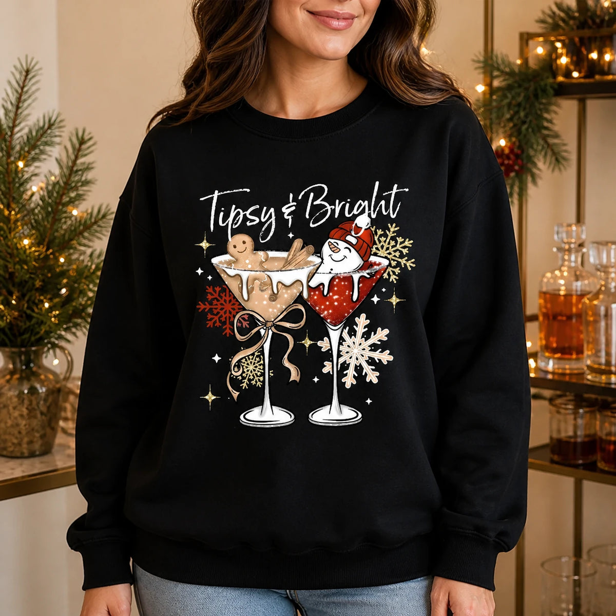 Tipsy And Bright Sweatshirt, Cute Christmas Cocktail Holiday Drink Design
