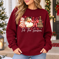 Tis The Season Christmas Sweatshirt, Vintage Santa and Leopard Print Holiday Design, Red Bow and Christmas Trees, Festive Gift for Women