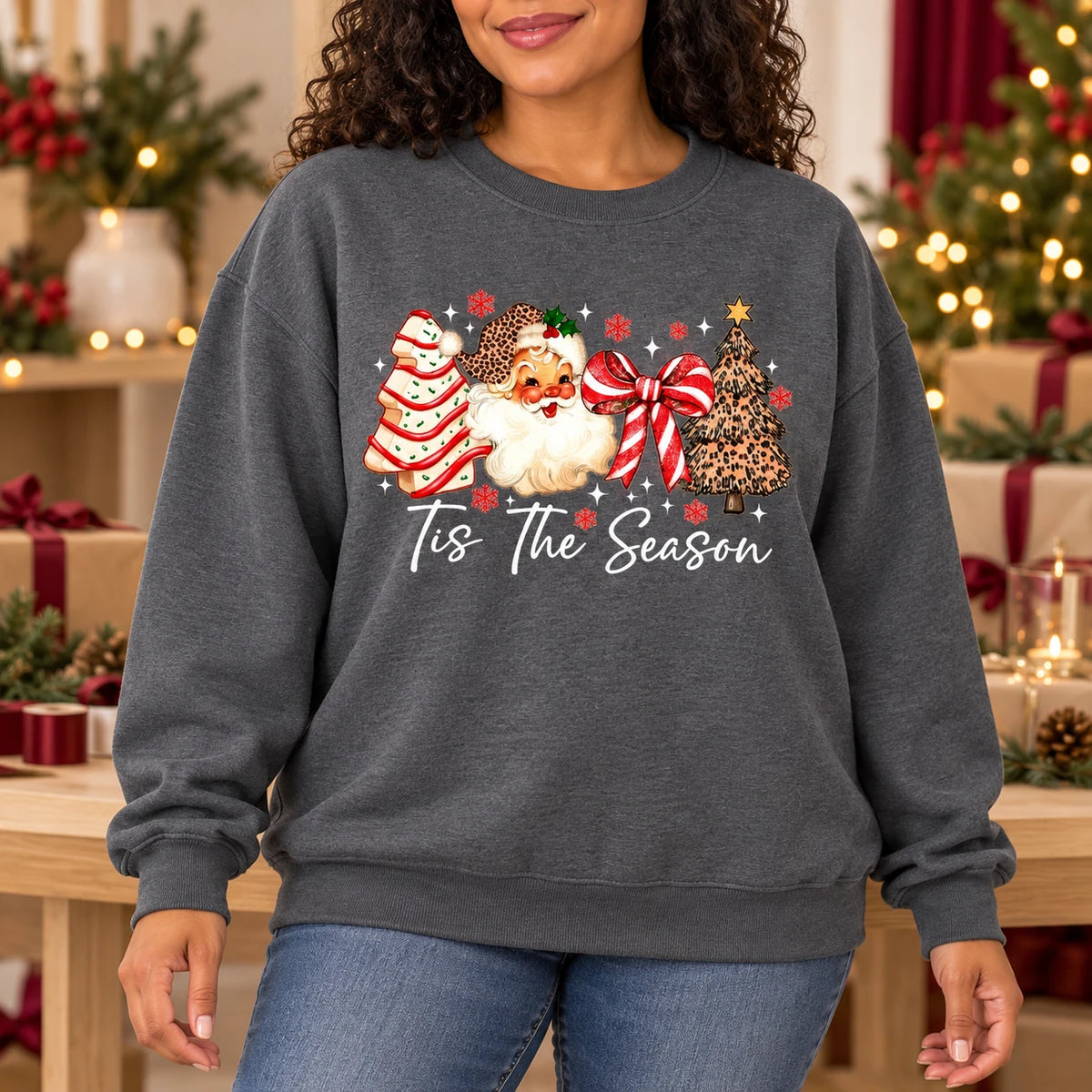 Tis The Season Christmas Sweatshirt, Vintage Santa and Leopard Print Holiday Design, Red Bow and Christmas Trees, Festive Gift for Women