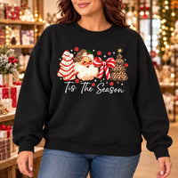 Tis The Season Christmas Sweatshirt, Vintage Santa and Leopard Print Holiday Design, Red Bow and Christmas Trees, Festive Gift for Women