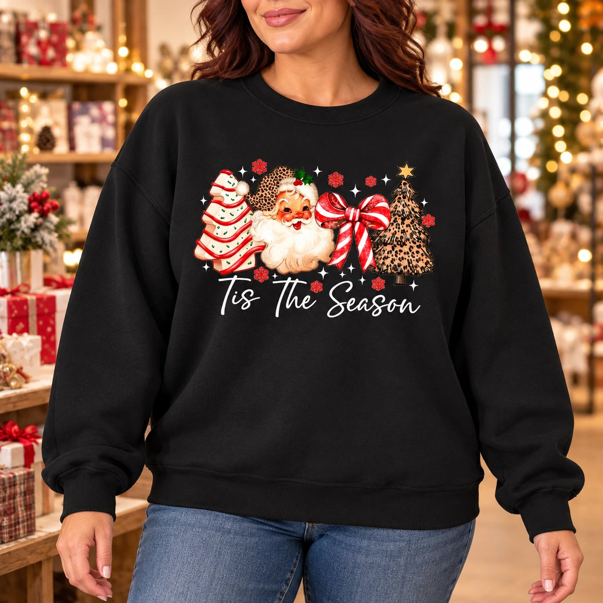 Tis The Season Christmas Sweatshirt, Vintage Santa and Leopard Print Holiday Design, Red Bow and Christmas Trees, Festive Gift for Women