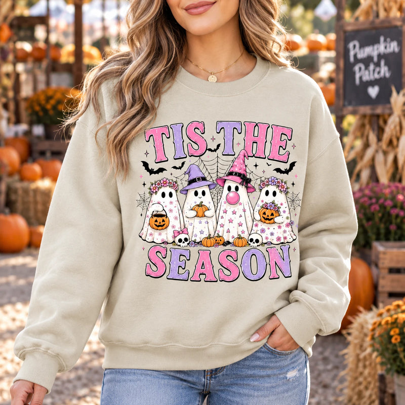 Tis The Season Cute Ghost Graphic Sweatshirt & T-Shirt Retro Pastel Spooky Season Apparel for Women