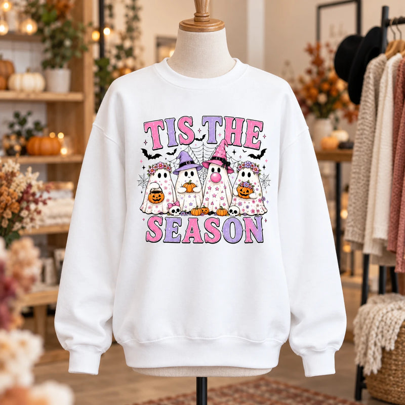 Tis The Season Cute Ghost Graphic Sweatshirt & T-Shirt Retro Pastel Spooky Season Apparel for Women