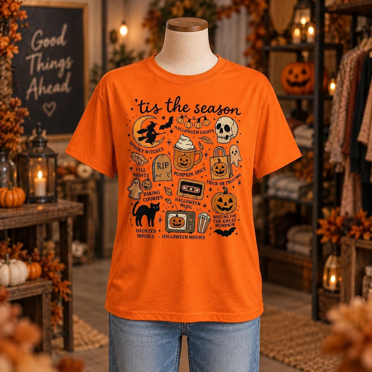 Tis The Season Halloween Graphic T-Shirt Cute Retro Spooky Season Fall Activities Short Sleeve Tee