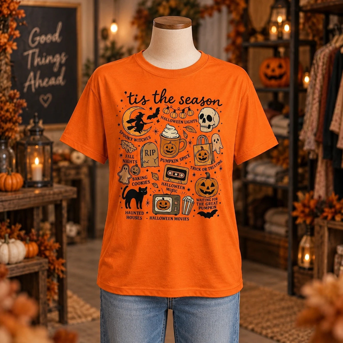 Tis The Season Halloween Graphic T-Shirt Cute Retro Spooky Season Fall Activities Short Sleeve Tee